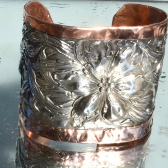 Antique Floral Sterling Silver Copper Cuff Unger - Picture 3 of 7
